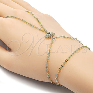 Oro Laminado Fancy Bracelet, Gold Filled Style Evil Eye and Rolo Design, with Sapphire Blue Cubic Zirconia and White Micro Pave, Polished, Golden Finish, 03.60.0171.13 (02 MM Thickness, 13 Inches Length)