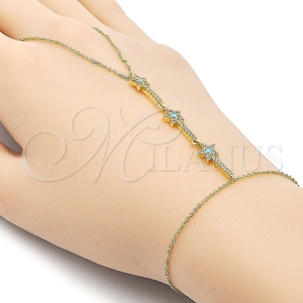 Oro Laminado Fancy Bracelet, Gold Filled Style Star and Cluster Design, with Turquoise Cubic Zirconia and White Micro Pave, Polished, Golden Finish, 03.60.0172.07 (01 MM Thickness, 7 Inches Length)