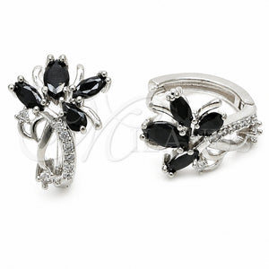 Rhodium Gold Filled Huggie Hoop, Flower Design, with Black and White Cubic Zirconia, Polished, Rhodium Finish, 02.210.0897.16