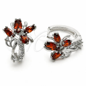 Rhodium Gold Filled Huggie Hoop, Flower Design, with Garnet and White Cubic Zirconia, Polished, Rhodium Finish, 02.210.0897.1.16