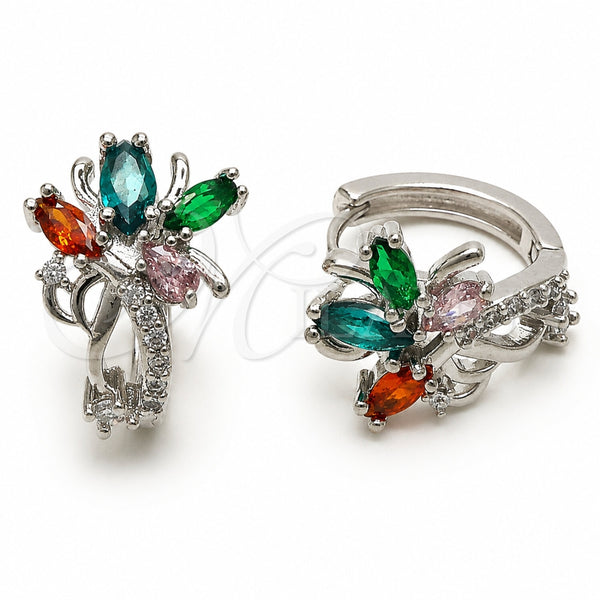 Rhodium Gold Filled Huggie Hoop, Flower Design, with Multicolor and White Cubic Zirconia, Polished, Rhodium Finish, 02.210.0897.2.16