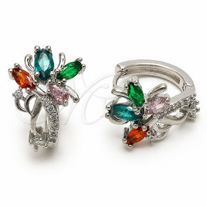 Rhodium Gold Filled Huggie Hoop, Flower Design, with Multicolor and White Cubic Zirconia, Polished, Rhodium Finish, 02.210.0897.2.16