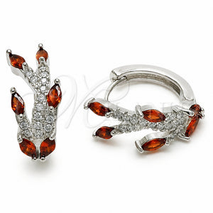 Rhodium Gold Filled Huggie Hoop, Tree and Flower Design, with Garnet and White Cubic Zirconia, Polished, Rhodium Finish, 02.210.0898.16