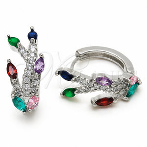 Rhodium Gold Filled Huggie Hoop, Tree and Flower Design, with Multicolor and White Cubic Zirconia, Polished, Rhodium Finish, 02.210.0898.1.16