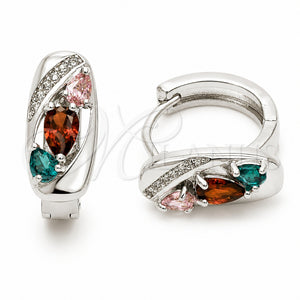 Rhodium Gold Filled Huggie Hoop, Teardrop Design, with Multicolor Cubic Zirconia and White Micro Pave, Polished, Rhodium Finish, 02.210.0901.16