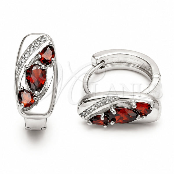 Rhodium Gold Filled Huggie Hoop, Teardrop Design, with Garnet Cubic Zirconia and White Micro Pave, Polished, Rhodium Finish, 02.210.0901.1.16