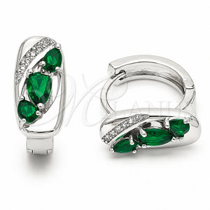 Rhodium Gold Filled Huggie Hoop, Teardrop Design, with Green Cubic Zirconia and White Micro Pave, Polished, Rhodium Finish, 02.210.0901.2.16