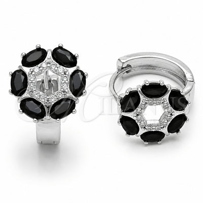 Rhodium Gold Filled Huggie Hoop, Flower Design, with Black Cubic Zirconia and White Micro Pave, Polished, Rhodium Finish, 02.210.0861.5.18