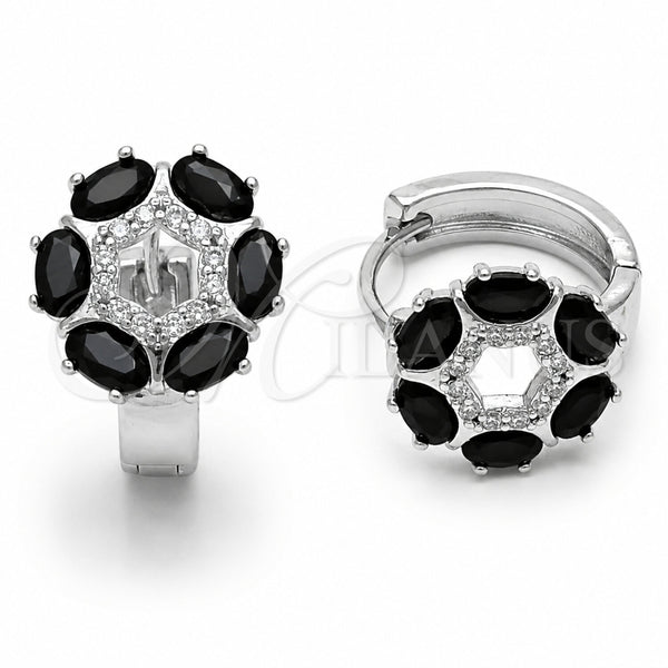 Rhodium Gold Filled Huggie Hoop, Flower Design, with Black Cubic Zirconia and White Micro Pave, Polished, Rhodium Finish, 02.210.0861.5.18