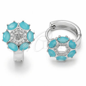 Rhodium Gold Filled Huggie Hoop, Flower Design, with Turquoise Cubic Zirconia and White Micro Pave, Polished, Rhodium Finish, 02.210.0861.6.18