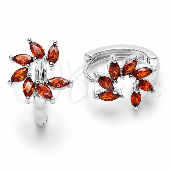 Rhodium Gold Filled Huggie Hoop, Flower Design, with Garnet Cubic Zirconia, Polished, Rhodium Finish, 02.210.0904.16