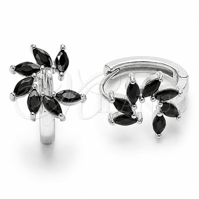 Rhodium Gold Filled Huggie Hoop, Flower Design, with Black Cubic Zirconia, Polished, Rhodium Finish, 02.210.0904.3.16