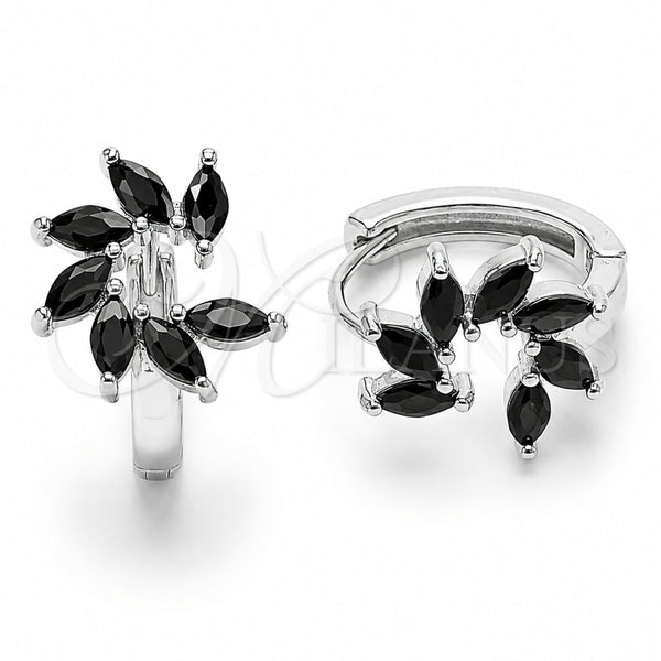 Rhodium Gold Filled Huggie Hoop, Flower Design, with Black Cubic Zirconia, Polished, Rhodium Finish, 02.210.0904.3.16