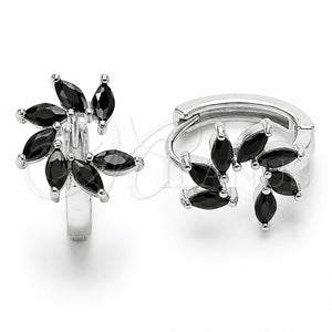 Rhodium Gold Filled Huggie Hoop, Flower Design, with Black Cubic Zirconia, Polished, Rhodium Finish, 02.210.0904.3.16