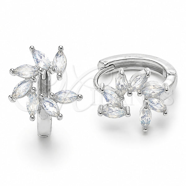 Rhodium Gold Filled Huggie Hoop, Flower Design, with White Cubic Zirconia, Polished, Rhodium Finish, 02.210.0904.4.16