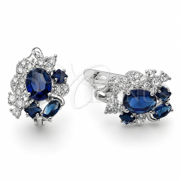 Rhodium Gold Filled Huggie Hoop, Flower Design, with Sapphire Blue and White Cubic Zirconia, Polished, Rhodium Finish, 02.210.0905.14