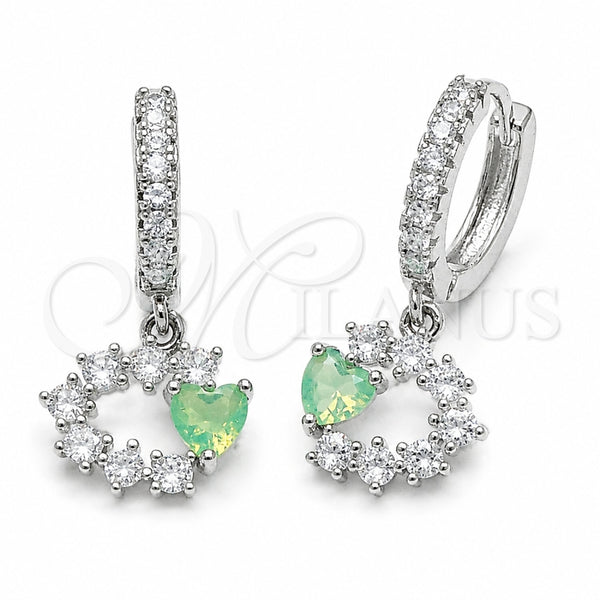 Rhodium Gold Filled Dangle Earring, Heart Design, with Chrysolite Opal and White Cubic Zirconia, Polished, Rhodium Finish, 02.210.0907.4