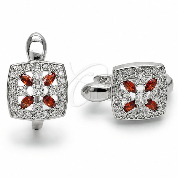 Rhodium Gold Filled Huggie Hoop, Cluster and Flower Design, with White and Garnet Cubic Zirconia, Polished, Rhodium Finish, 02.210.0890.5.14