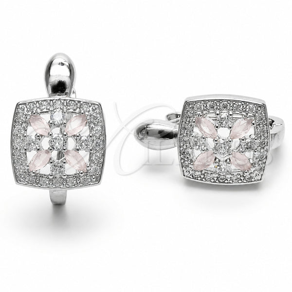 Rhodium Gold Filled Huggie Hoop, Cluster and Flower Design, with Rose Water Opal and White Cubic Zirconia, Polished, Rhodium Finish, 02.210.0890.6.14