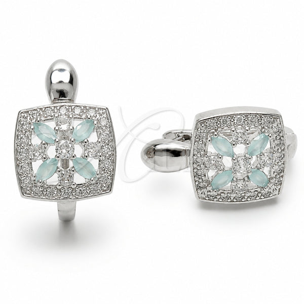 Rhodium Gold Filled Huggie Hoop, Cluster and Flower Design, with Light Turquoise and White Cubic Zirconia, Polished, Rhodium Finish, 02.210.0890.7.14