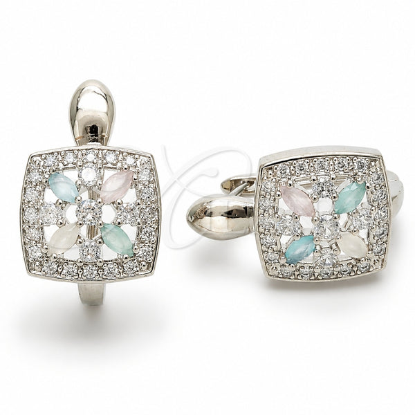 Rhodium Gold Filled Huggie Hoop, Flower and Cluster Design, with Multicolor and White Cubic Zirconia, Polished, Rhodium Finish, 02.210.0890.8.14
