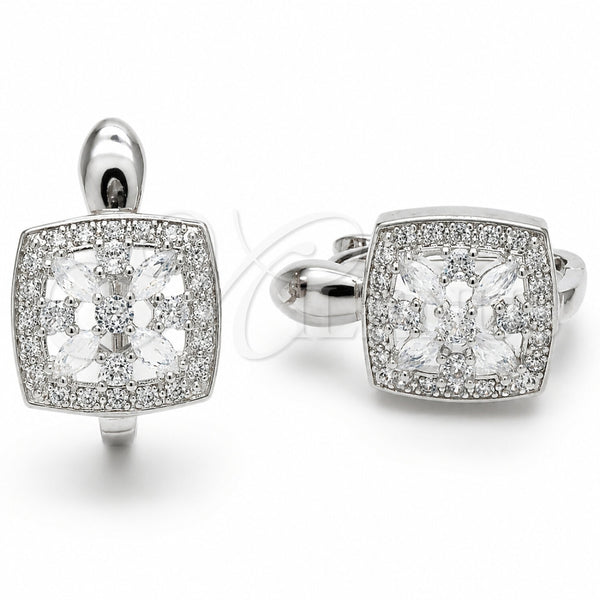 Rhodium Gold Filled Huggie Hoop, Flower and Cluster Design, with White Cubic Zirconia, Polished, Rhodium Finish, 02.210.0890.9.14