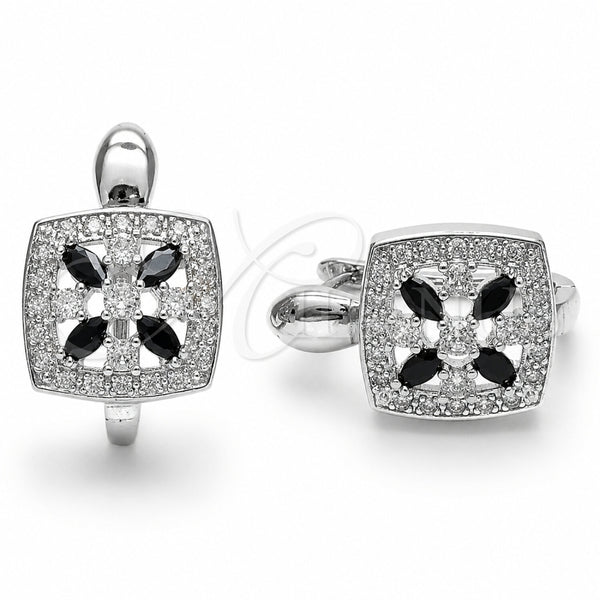 Rhodium Gold Filled Huggie Hoop, Flower and Cluster Design, with Black and White Cubic Zirconia, Polished, Rhodium Finish, 02.210.0890.10.14