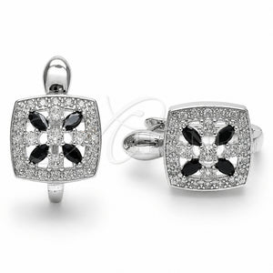 Rhodium Gold Filled Huggie Hoop, Flower and Cluster Design, with Black and White Cubic Zirconia, Polished, Rhodium Finish, 02.210.0890.10.14