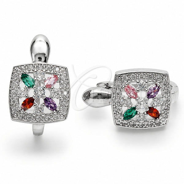 Rhodium Gold Filled Huggie Hoop, Flower and Cluster Design, with Multicolor and White Cubic Zirconia, Polished, Rhodium Finish, 02.210.0890.11.14