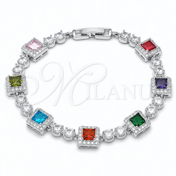 Rhodium Gold Filled Tennis Bracelet, Cluster Design, with Multicolor and White Cubic Zirconia, Polished, Rhodium Finish, 03.266.0039.07 (Thickness, 7 Inches Length)