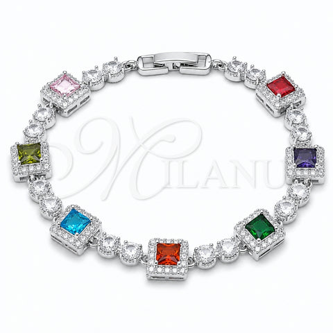Rhodium Gold Filled Tennis Bracelet, Cluster Design, with Multicolor and White Cubic Zirconia, Polished, Rhodium Finish, 03.266.0039.07 (Thickness, 7 Inches Length)
