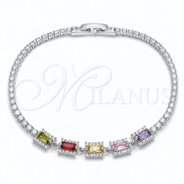 Rhodium Gold Filled Fancy Bracelet, Cluster and Baguette Design, with Multicolor and White Cubic Zirconia, Polished, Rhodium Finish, 03.130.0029.1.07 (02 MM Thickness, 7 Inches Length)