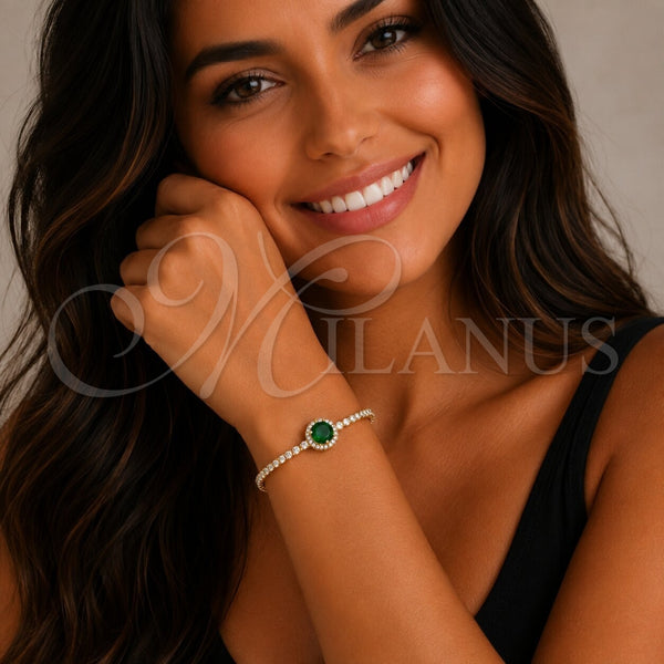 Oro Laminado Fancy Bracelet, Gold Filled Style Cluster Design, with Green and White Cubic Zirconia, Polished, Golden Finish, 03.130.0033.8.07 (Thickness, 7 Inches Length)