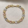 Oro Laminado Solid Bracelet, Gold Filled Style Flower and Butterfly Design, Polished, Tricolor, 03.170.0002.07 (Thickness, 7 Inches Length)