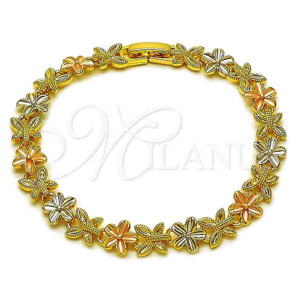Oro Laminado Solid Bracelet, Gold Filled Style Flower and Butterfly Design, Polished, Tricolor, 03.170.0002.07 (Thickness, 7 Inches Length)