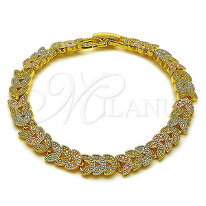 Oro Laminado Solid Bracelet, Gold Filled Style Leaf Design, Polished, Tricolor, 03.170.0003.07 (Thickness, 7 Inches Length)