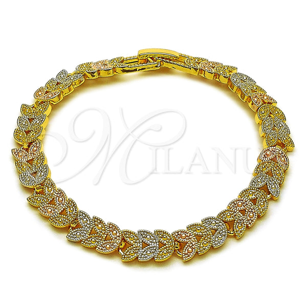 Oro Laminado Solid Bracelet, Gold Filled Style Leaf Design, Polished, Tricolor, 03.170.0003.07 (Thickness, 7 Inches Length)