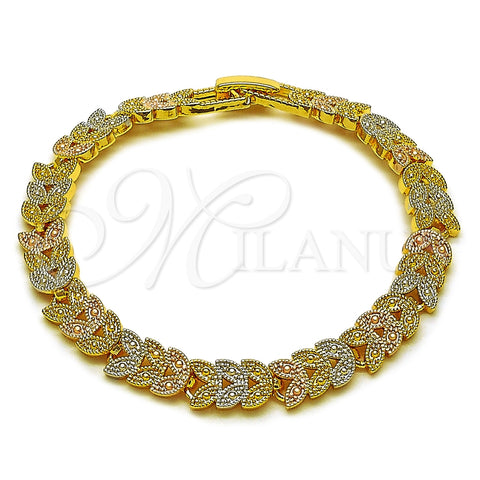 Oro Laminado Solid Bracelet, Gold Filled Style Leaf Design, Polished, Tricolor, 03.170.0003.07 (Thickness, 7 Inches Length)