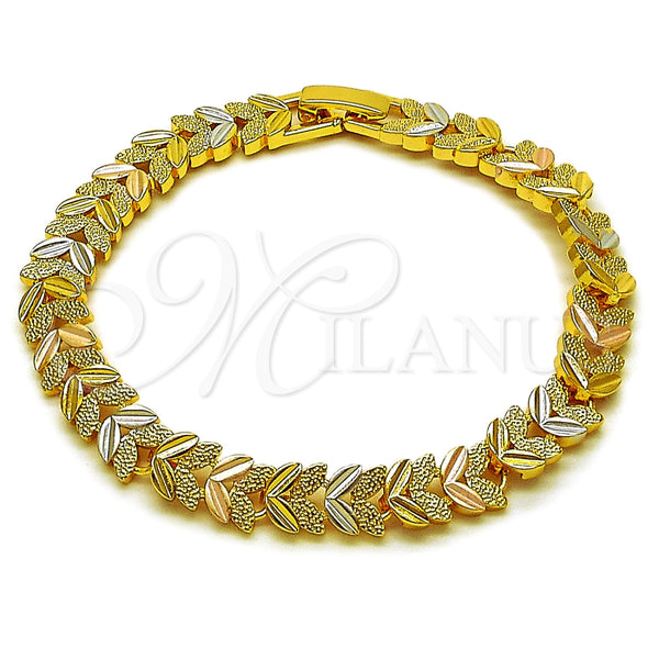 Oro Laminado Solid Bracelet, Gold Filled Style Leaf Design, Diamond Cutting Finish, Tricolor, 03.213.0406.1.07 (Thickness, 7 Inches Length)