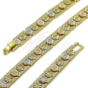 Oro Laminado Solid Bracelet, Gold Filled Style Flower Design, Polished, Tricolor, 03.100.0022.1.07 (08 MM Thickness, 7 Inches Length)