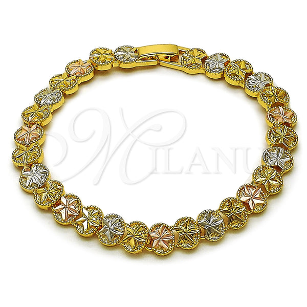 Oro Laminado Solid Bracelet, Gold Filled Style Star Design, Diamond Cutting Finish, Tricolor, 03.170.0004.07 (Thickness, 7 Inches Length)
