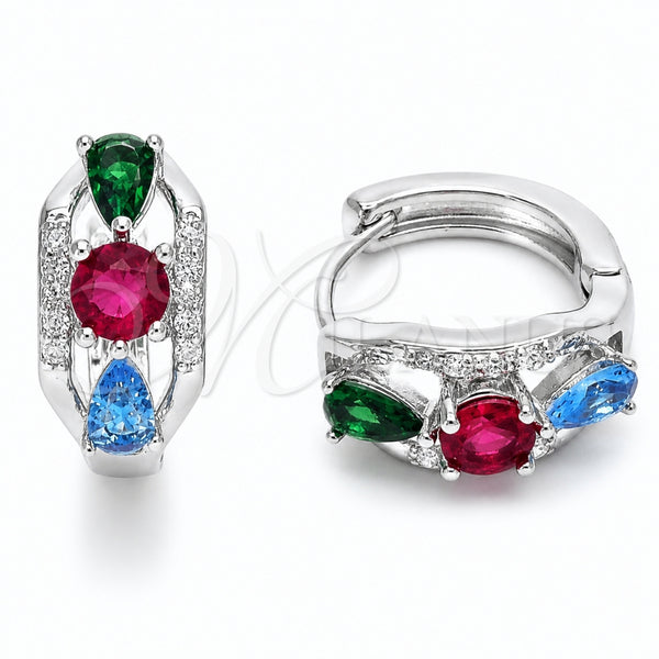 Rhodium Gold Filled Huggie Hoop, Cluster and Teardrop Design, with Multicolor Cubic Zirconia and White Micro Pave, Polished, Rhodium Finish, 02.237.0087.15