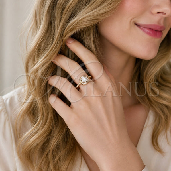 Oro Laminado Wedding Ring, Gold Filled Style Cluster Design, with White Cubic Zirconia, Polished, Golden Finish, 01.283.0054.3 (One size fits all)