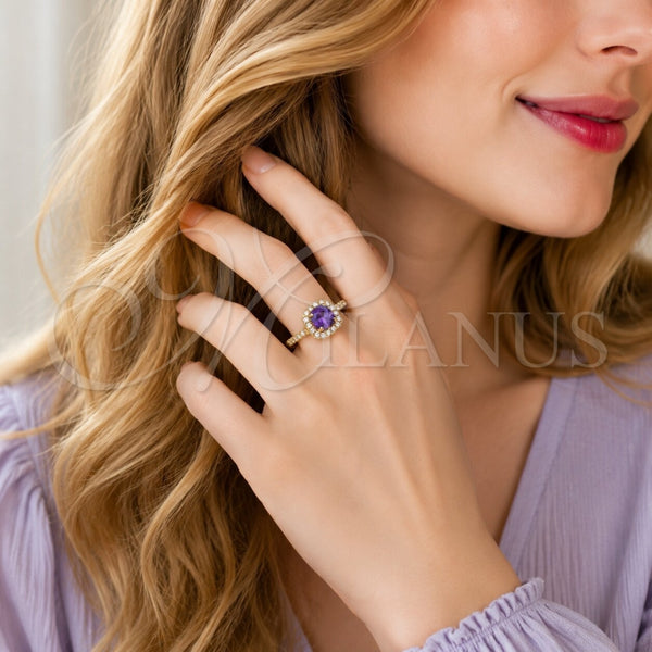 Oro Laminado Wedding Ring, Gold Filled Style Cluster Design, with Amethyst and White Cubic Zirconia, Polished, Golden Finish, 01.283.0054.4 (One size fits all)
