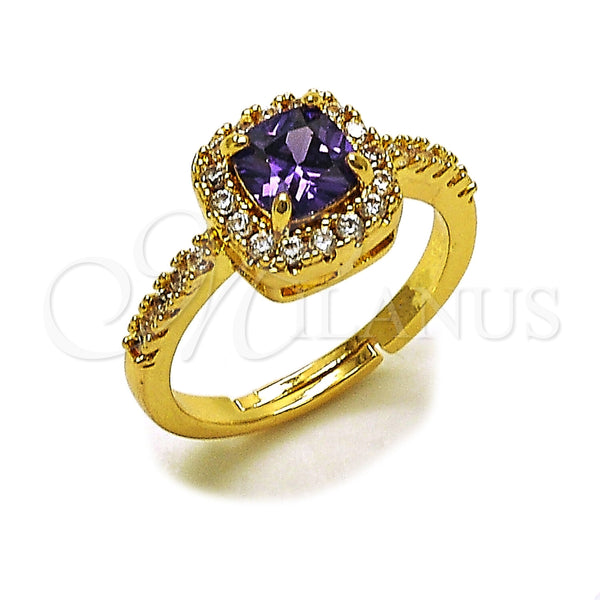 Oro Laminado Wedding Ring, Gold Filled Style Cluster Design, with Amethyst and White Cubic Zirconia, Polished, Golden Finish, 01.283.0054.4 (One size fits all)