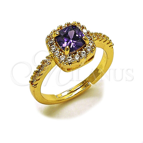 Oro Laminado Wedding Ring, Gold Filled Style Cluster Design, with Amethyst and White Cubic Zirconia, Polished, Golden Finish, 01.283.0054.4 (One size fits all)