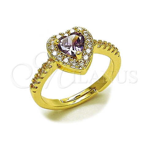 Oro Laminado Wedding Ring, Gold Filled Style Heart and Cluster Design, with White Cubic Zirconia and Amethyst Goldstone Venturina, Polished, Golden Finish, 01.283.0055.4 (One size fits all)
