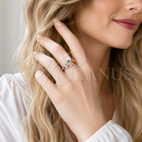 Oro Laminado Multi Stone Ring, Gold Filled Style Nail and Baguette Design, with Multicolor Cubic Zirconia, Polished, Golden Finish, 01.283.0075 (One size fits all)