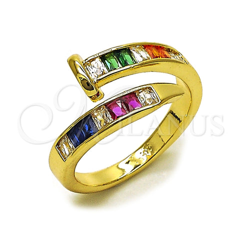 Oro Laminado Multi Stone Ring, Gold Filled Style Nail and Baguette Design, with Multicolor Cubic Zirconia, Polished, Golden Finish, 01.283.0075 (One size fits all)