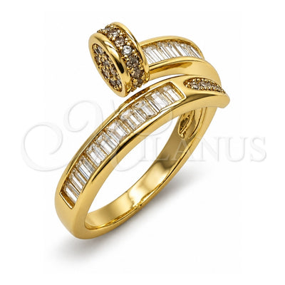 Oro Laminado Multi Stone Ring, Gold Filled Style Nail and Baguette Design, with White Cubic Zirconia and White Micro Pave, Polished, Golden Finish, 01.283.0076 (One size fits all)